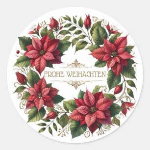 Sticker Rond Allemand Frohe Weinachten, Poinsettia Noël