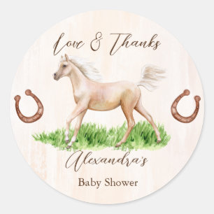 Sticker Rond Allez bébé aller courir cheval beige baby shower f
