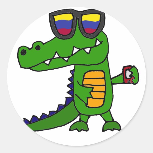 Sticker Rond Alligator drôle avec téléphone portable (Devant)
