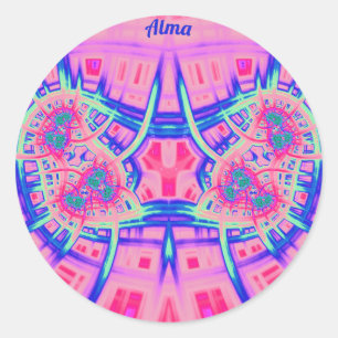 Sticker Rond ALMA ~ Bleu rose et vert BRIGHT AMUSANT! ~ Classiq