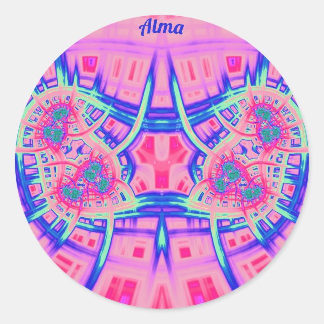 Sticker Rond ALMA ~ Bleu rose et vert BRIGHT AMUSANT! ~ Classiq (Devant)