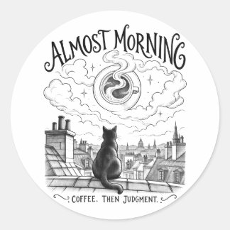 Sticker Rond Almost Morning Black Cat Coffee Rooftop Art