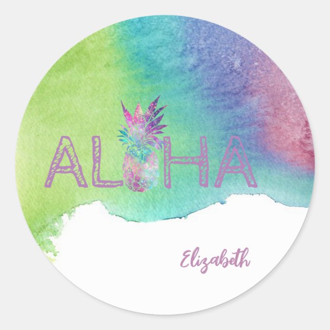 Sticker Rond Aloha Ananas Hawaïen, Éclaboussure Aquarelle (Devant)