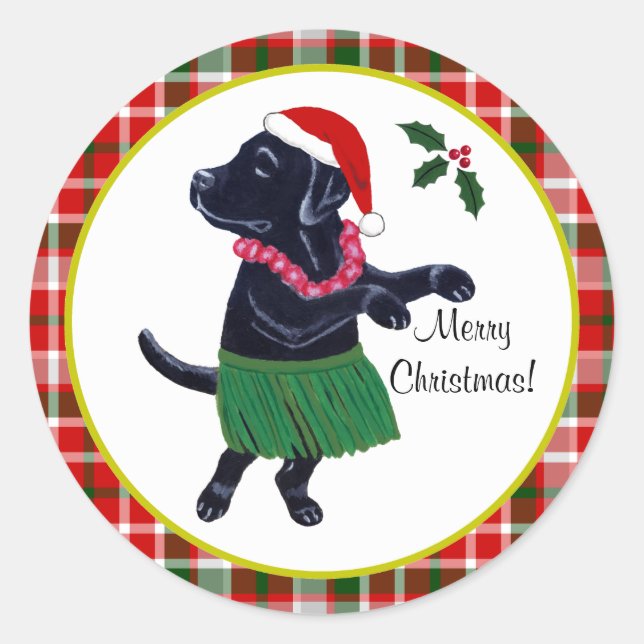 Sticker Rond Aloha Black Labrador Noël Santa Hat Tartan (Devant)