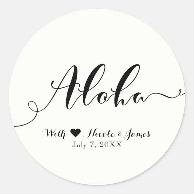 Sticker Rond ALOHA Black Script Chic Hawaiian Luau Blanc Favori (Devant)