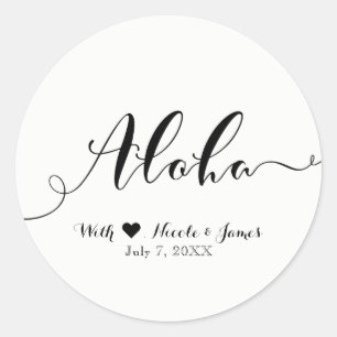 Sticker Rond ALOHA Black Script Chic Hawaiian Luau Blanc Favori
