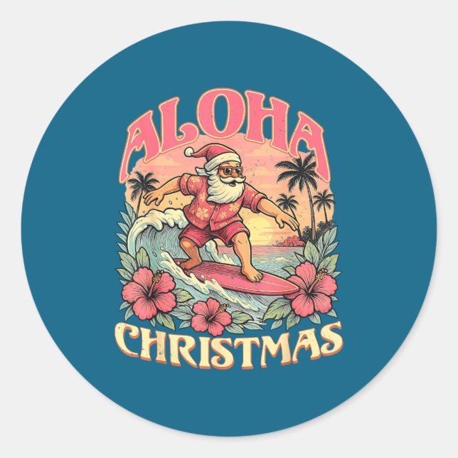 Sticker Rond Aloha Christmas Santa Claus Surfing Hawaiian Mele  (Devant)