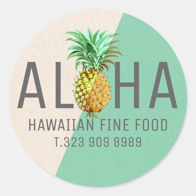 Sticker Rond Aloha En Linge Vert Et Beige Avec Ananas (Devant)