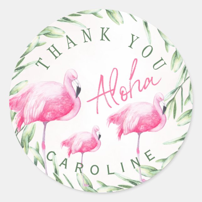 Sticker Rond Aloha flamants roses tropicale couronne merci (Devant)