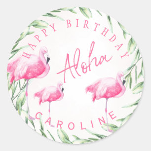 Sticker Rond Aloha flamants roses tropicale heureux anniversair