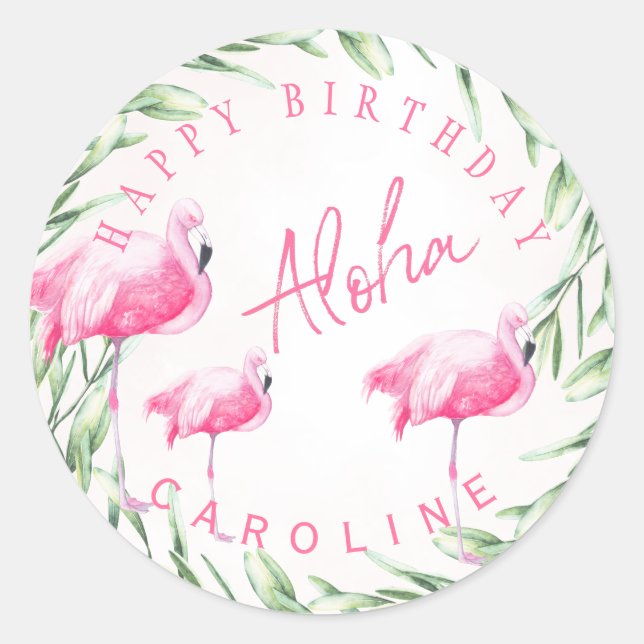 Sticker Rond Aloha flamants roses tropicale heureux anniversair (Devant)