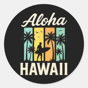 Sticker Rond Aloha Hawaï - Plage de surf Palmier Coucher de sol