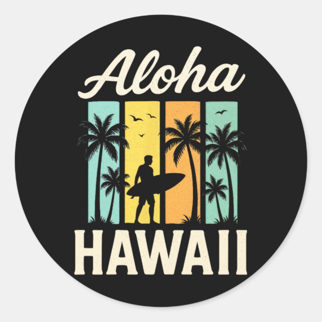 Sticker Rond Aloha Hawaï - Plage de surf Palmier Coucher de sol (Devant)