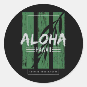 Sticker Rond Aloha Hawaii Surfant Plage de Sunset