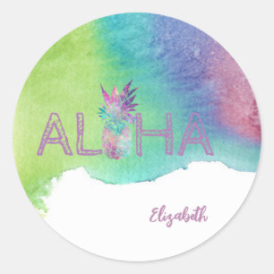 Sticker Rond Aloha Hawaiian Ananas, Aquarelle