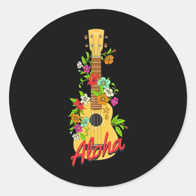 Sticker Rond Aloha Hawaiian Island Ukulele Fleurs Aloha (Devant)