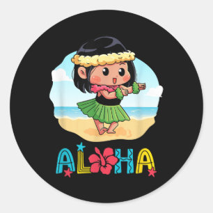 Sticker Rond Aloha Hula Hawaiian Cute Girl Dancer Summer Beach