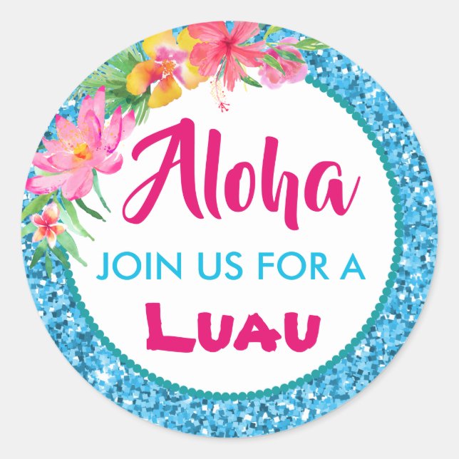 Sticker Rond Aloha Luau Parties scintillant Bleue Hibiscus Trop (Devant)