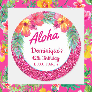 Sticker Rond Aloha Luau Parties scintillant rose Hibiscus tropi