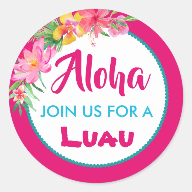 Sticker Rond Aloha Luau Rose Fleur d'Hibiscus Tropical (Devant)