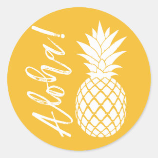Sticker Rond Aloha Pineapple Beach Mariage Luau | blanc jaune