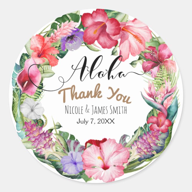 Sticker Rond Aloha Tropical Floral Wreath Wedding Favor (Devant)