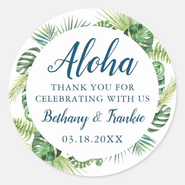 Sticker Rond Aloha Tropical Greenery Beach Merci de mariage (Devant)
