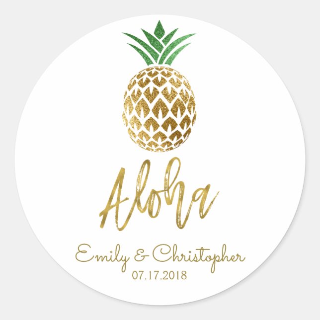 Sticker Rond Aloha Tropical Hawaiian Mariage Ananas Blanc (Devant)