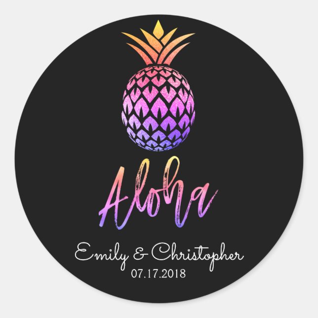 Sticker Rond Aloha Tropical Hawaiian Mariage d'ananas noir (Devant)