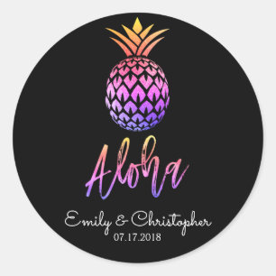 Sticker Rond Aloha Tropical Hawaiian Mariage d'ananas noir