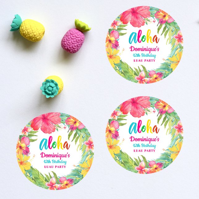 Sticker Rond Aloha Tropical Hibiscus Fleur Luau Anniversaire (Créateur téléchargé)