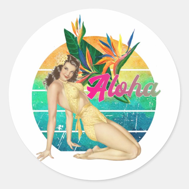 Sticker Rond Aloha Tropical Pin-up girl retro sunset art  (Devant)