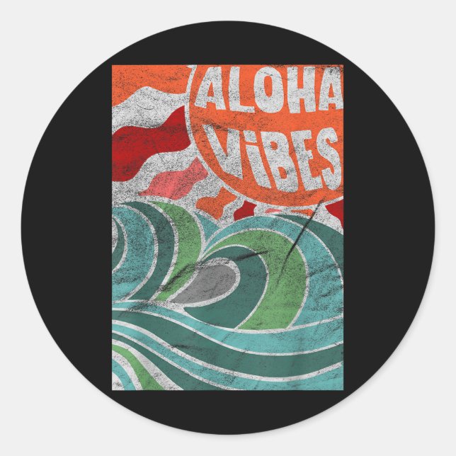 Sticker Rond Aloha Vibes Hawaii Sunset Waves (Devant)