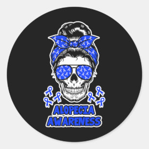Sticker Rond Alopecia Sensibilisation Messy Bun Skull Blue Ribb