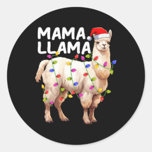 Sticker Rond Alpaca Llama Xmas Éclairage Santa Hat Mama Llama C