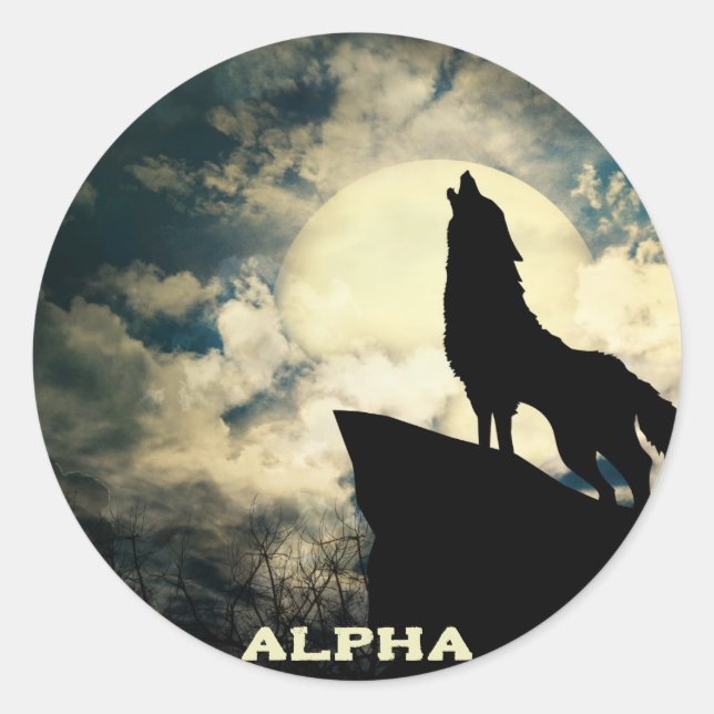 Sticker Rond Alpha Wolf Howling À La Pleine lune (Devant)
