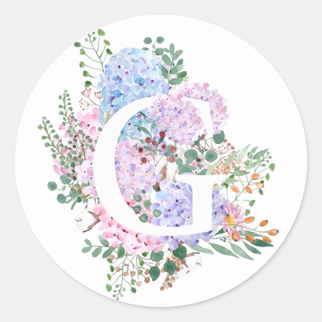 Sticker Rond alphabet botanique fleurs G hydrangea (Devant)