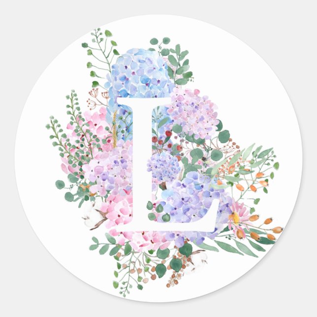 Sticker Rond alphabet botanique L hortensia fleurs (Devant)