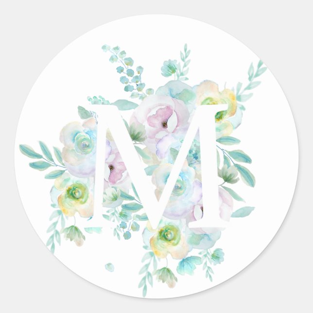 Sticker Rond alphabet botanique M fleurs vertes et violettes (Devant)