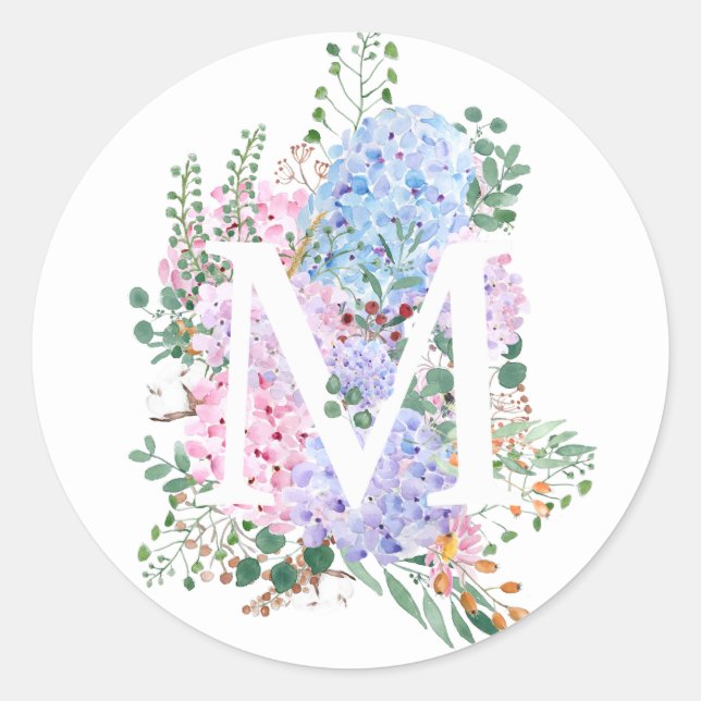 Sticker Rond alphabet botanique M hydrangea fleurs (Devant)