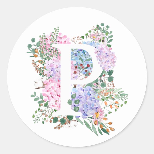 Sticker Rond alphabet botanique P hydrangea fleurs (Devant)