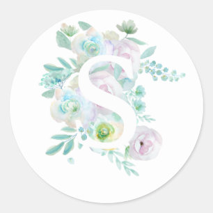 Sticker Rond alphabet botanique S fleurs vertes et violettes