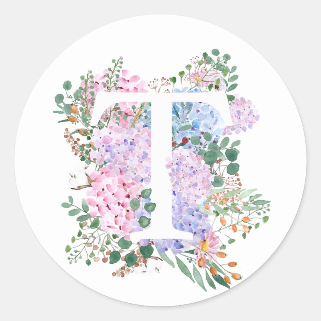 Sticker Rond alphabet botanique T hydrangea fleurs (Devant)