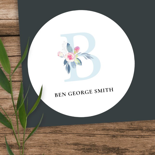 STICKER ROND ALPHABÈTES FLORAUX BLEUS DOUX NOM LETTRE B (Créateur téléchargé)