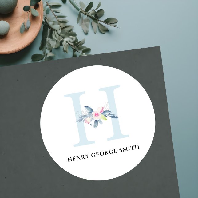 STICKER ROND ALPHABÈTES FLORAUX BLEUS DOUX NOM LETTRE H (Créateur téléchargé)