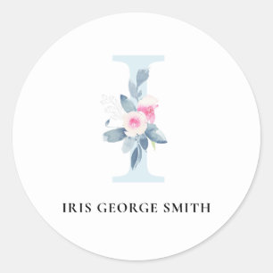 STICKER ROND ALPHABÈTES FLORAUX BLEUS DOUX NOM LETTRE I