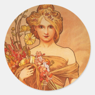 Sticker Rond Alphonse (Alfons) Mucha Bouquet