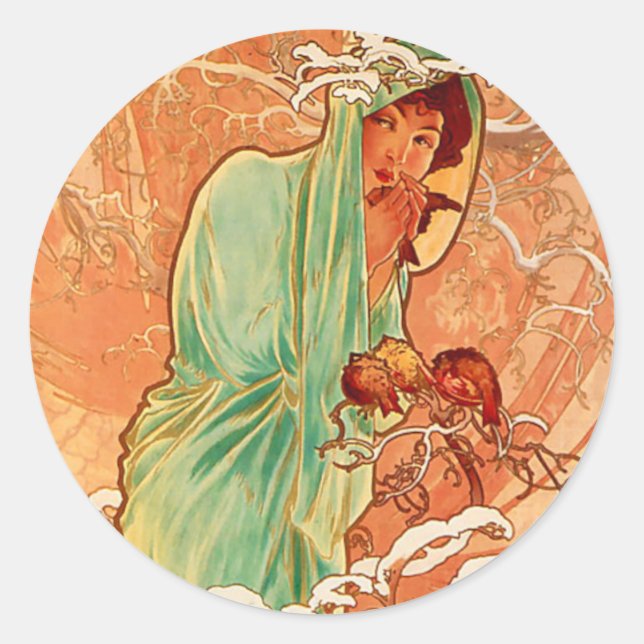 Sticker Rond Alphonse Mucha Art Nouveau Hiver (Devant)