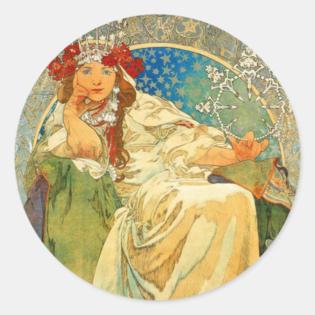 Sticker Rond Alphonse Mucha Art Nouveau Princesse Hyacinth (Devant)