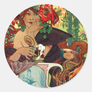 Sticker Rond Alphonse Mucha Bieres De La Meuse